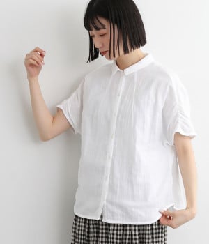 ダブルガーゼ半袖ギャザーシャツ(ホワイト-ONESIZE)