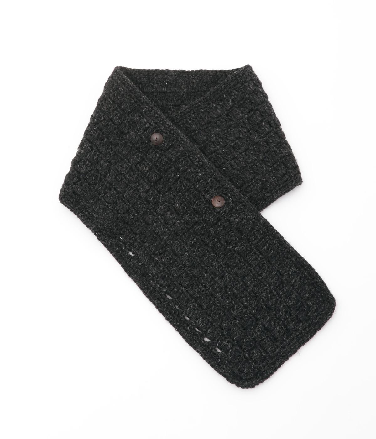 手編みウールボタン2wayマフラー(ブラック-ONESIZE)