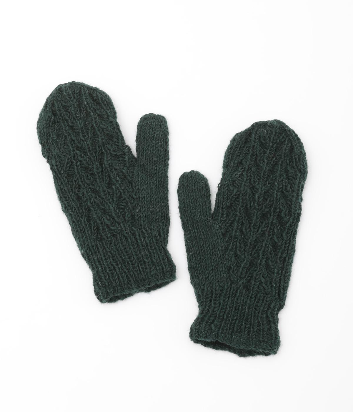 手編みウール木漏れ日アランミトン(グリーン-ONESIZE)