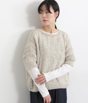 手編みウール透かし編みドルマンスリーブ5分袖セーター