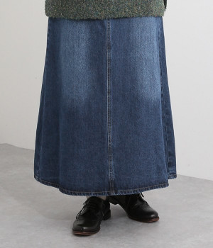 デニムバックプリーツロングスカート(ユーズドネイビー-S)