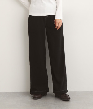 発熱ニットデニムワイドパンツ(ウォッシュブラック-M)