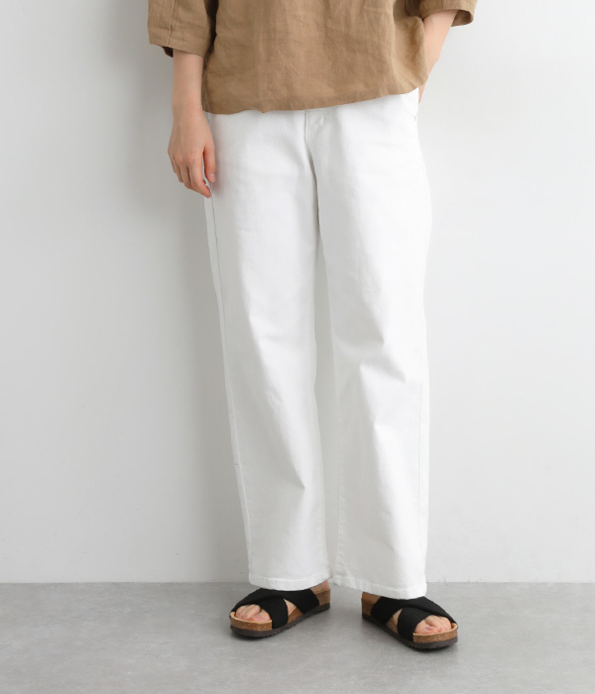 接触冷感ウエストリブストレートワイドパンツ(ウォッシュホワイト-S)