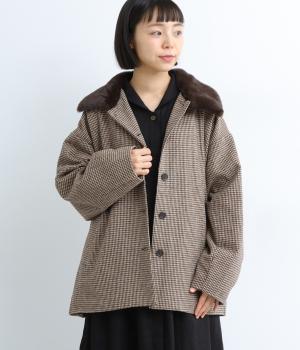 ファー切替ライトメルトンジャケット(千鳥ブラウン-M)