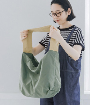 コットン　リップストップ　ストラップトート/E6943(グリーン×ベージュ-ONESIZE)