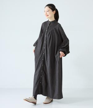 Vピンタックデニムワンピース(ブラック-F)