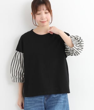 コットン天竺ストライプスリーブプルオーバー(ブラック細ストライプ-ONESIZE)