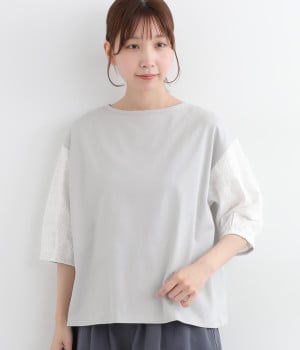 コットンハイゲージ天竺刺繍スリーブプルオーバー(ライトグレー-ONESIZE)