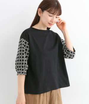 コットンハイゲージ天竺刺繍スリーブプルオーバー(ブラック-ONESIZE)