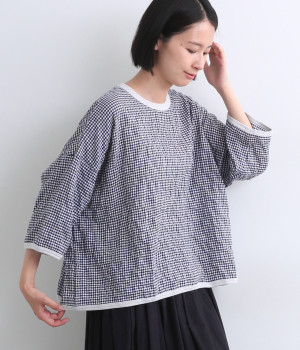 コットンへリンボーンシャーリングクルーネックプルオーバー(ネイビーチェック-ONESIZE)