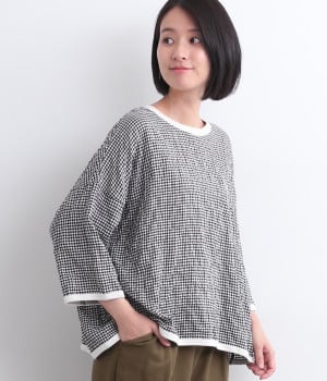 コットンへリンボーンシャーリングクルーネックプルオーバー(ブラックチェック-ONESIZE)
