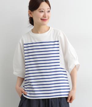 コットンリネン切替パネルボーダープルオーバー(ブルー-ONESIZE)