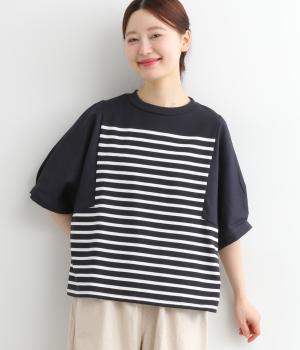 コットンリネン切替パネルボーダープルオーバー(ネイビー-ONESIZE)