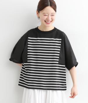 コットンリネン切替パネルボーダープルオーバー(ブラック-ONESIZE)