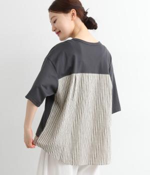 【toujours ensemble】コットンコーマ天竺×コットンリネンモノトーンパターンワッシャー5分袖ドッキングプルオーバー(チャコール-ONESIZE)