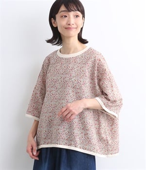 【toujours ensemble】コットンローンミラクルウェーブ小花柄5分袖クルーネックトリミングプルオーバー(ピンク-ONESIZE)