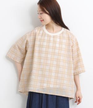 【toujours ensemble】ナチュラルコットンリネンシアーチェック5分袖クルーネックAラインプルオーバー(ベージュ-ONESIZE)