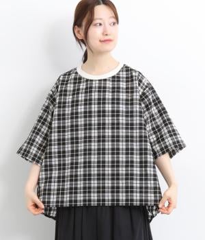 【toujours ensemble】ナチュラルコットンリネンシアーチェック5分袖クルーネックAラインプルオーバー(ブラック-ONESIZE)