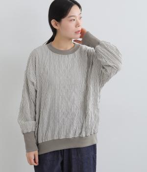 60/1ヘリンボーンシャーリング×スワイーフライス長袖クルーネックブラウジングプルオーバー(ストライプグレー-F)