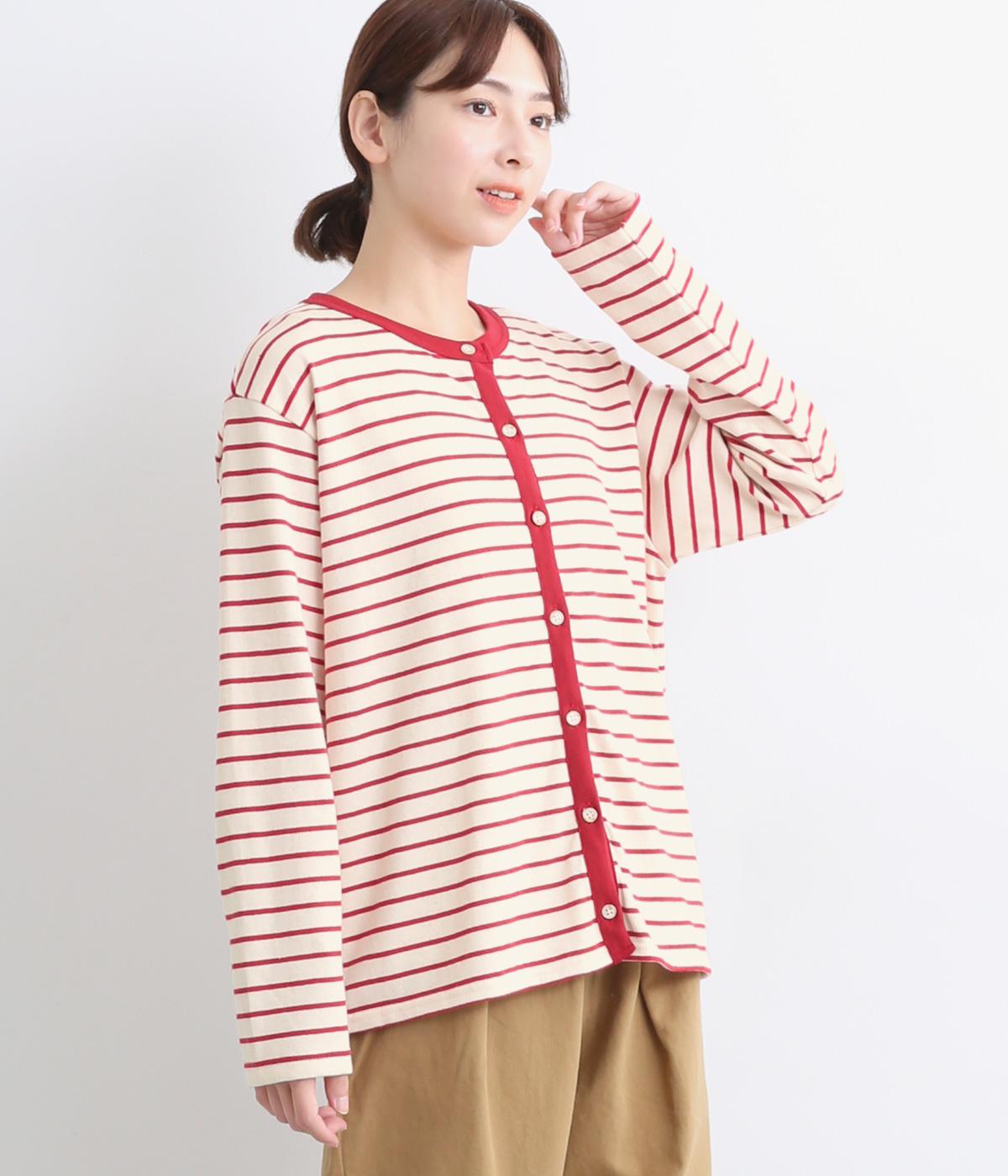コットントリミング長袖カーディガン(レッド-ONESIZE)