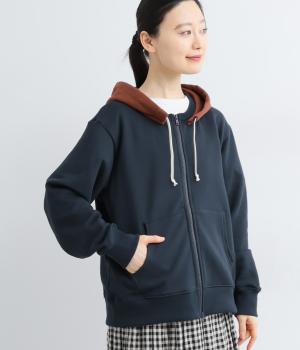 セントラル裏毛ブークレーフードZIPパーカー(ダークネイビー×ブラウン-F)