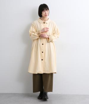 コーデュロイとお花ブロックプリントラフコート(アイボリー-F)