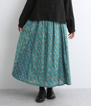 フラワーMIXプリントコットンスカート(ブルー-ONESIZE)