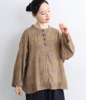 五月雨プリント・クレープコットンブラウス(イエロー-ONESIZE)