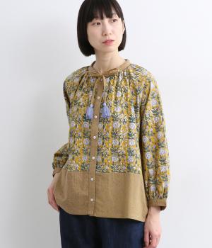 フローラルブロックプリントコットンブラウス(イエロー-ONESIZE)