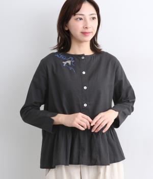 CAT刺繍コットンリネン2wayブラウス(ブラック-ONESIZE)