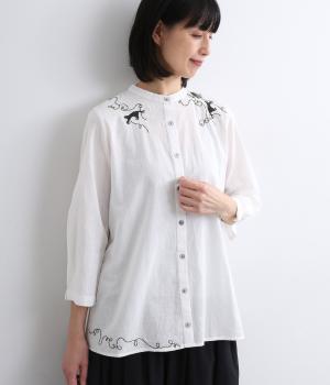 CAT刺繍コットンリネンロングブラウス