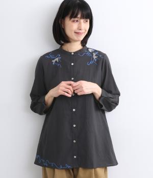 CAT刺繍コットンリネンロングブラウス(ブラック-ONESIZE)