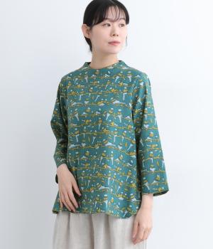 さえずる小鳥さんプリント・カンタ風ドビーボトルネック・ブラウス