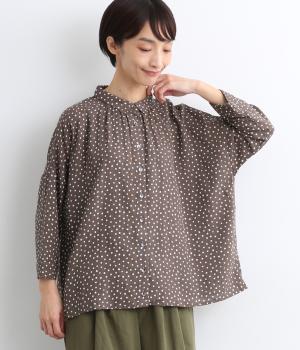 さなポルカドット・ブロックプリント・コットンリネンレーヨンギャザーブラウス