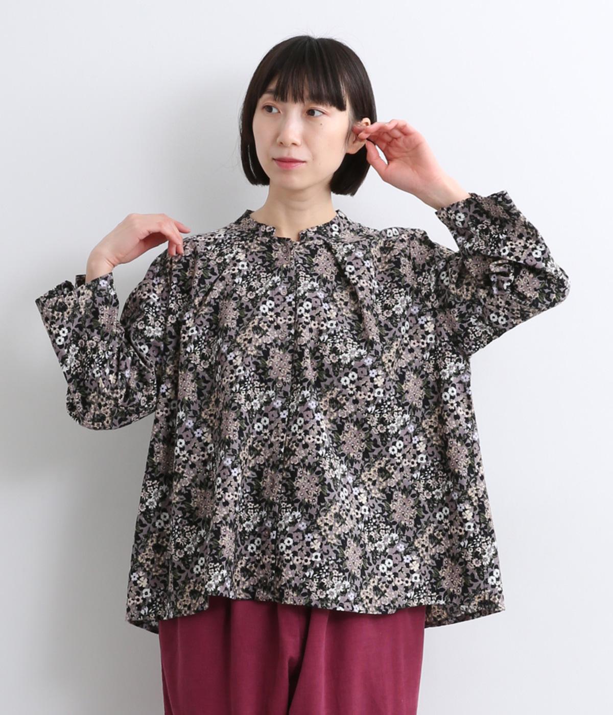 ブーケプリントコットンコーデュロイブラウス(ブラック-F)