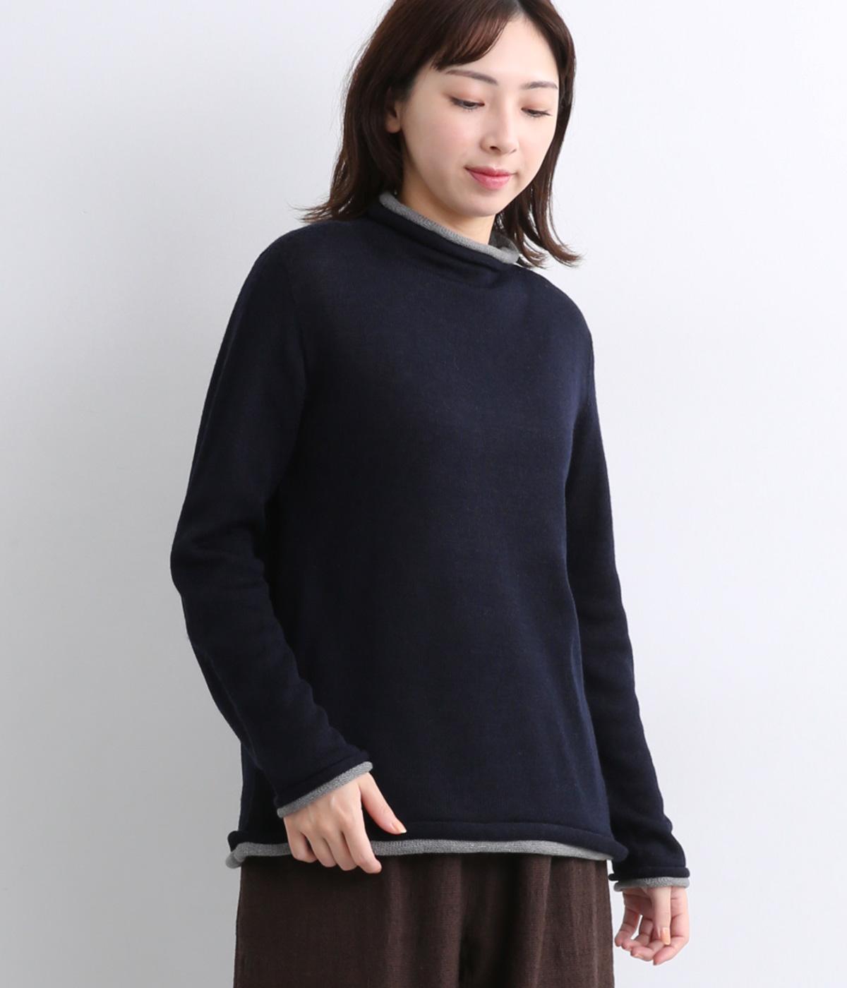 ホールガーメントロールボトルネック2枚重ねニットプルオーバー(ネイビー-F)