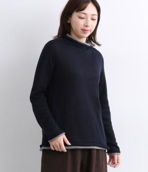 ホールガーメントロールボトルネック2枚重ねニットプルオーバー(ネイビー-F)