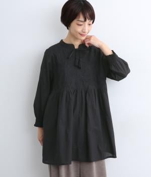 ラクノウ風刺繍コットンチュニック(ブラック-ONESIZE)