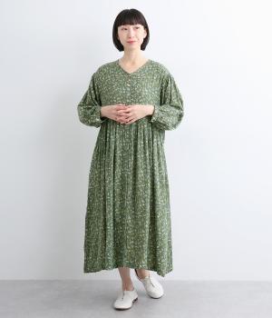 ボタニカルプリントコットンダブルガーゼ前開ワンピース