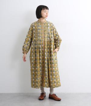 フローラルブロックプリントコットン前開ワンピース