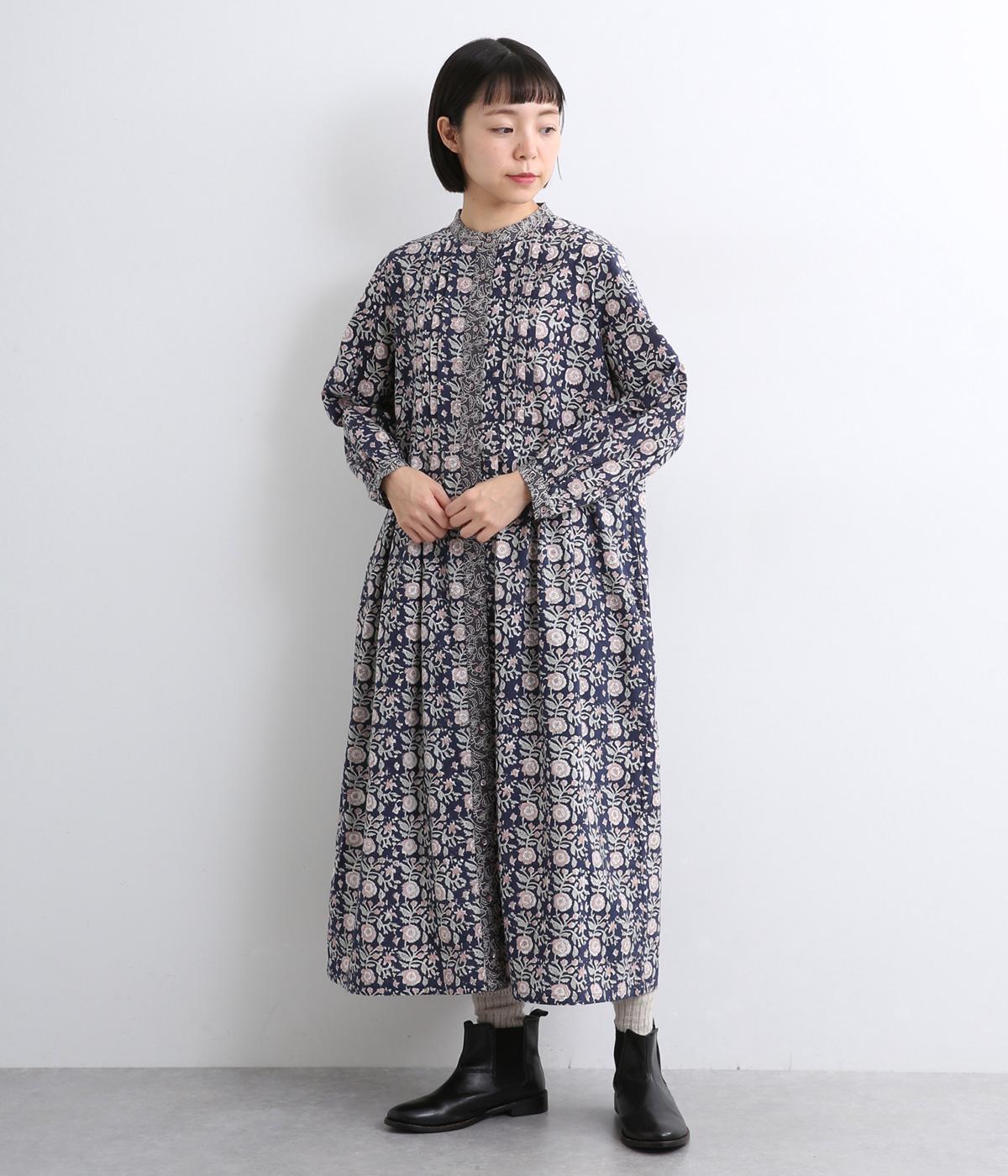 フローラルブロックプリントコットン前開ワンピース(ブラック-ONESIZE)