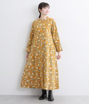 IROIROブロックプリント起毛コットン前開ワンピース(オレンジ-F)