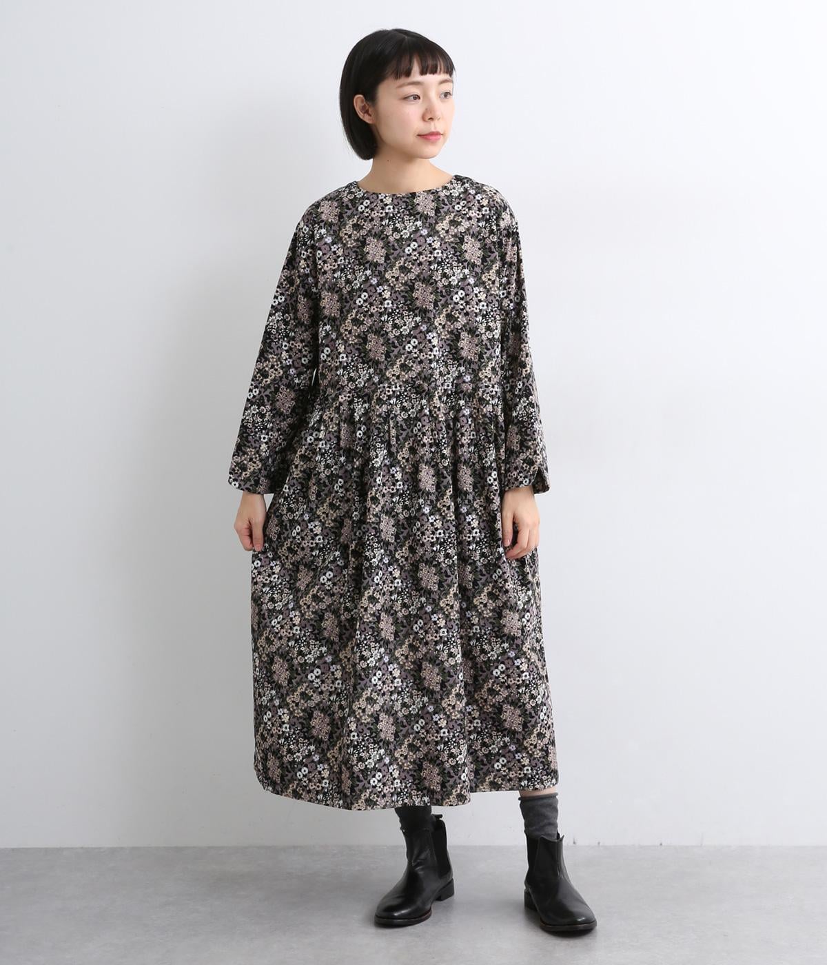 ブーケプリントコットンコーデュロイ2wayワンピース(ブラック-F)