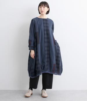 カディ・パッチワークコクーンワンピース(ネイビー-F)