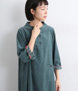 コーデュロイとお花ブロックプリントオフボトルネック・ワンピース