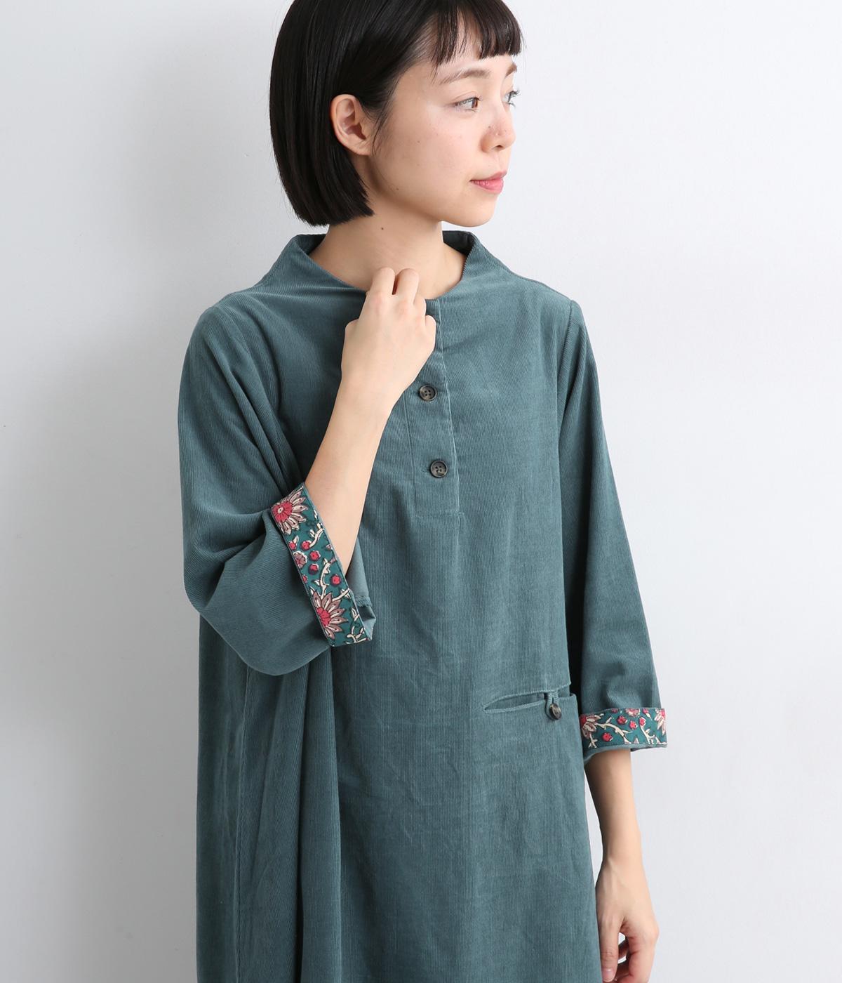 コーデュロイとお花ブロックプリントオフボトルネック・ワンピース(ブルー-F)