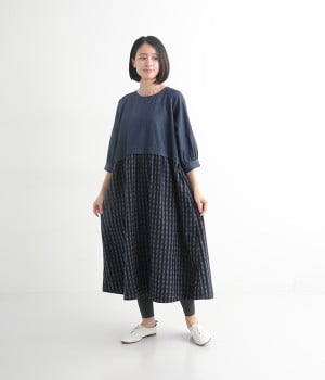 別注｜デニムコンビギャザーワンピース(チェック-ONESIZE-【コラボ】)