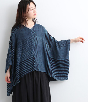 コットンダブルガーゼ インディゴ ボーダー プルオーバー(ネイビー-ONESIZE)