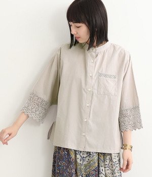 コットン袖口レース ブラウス