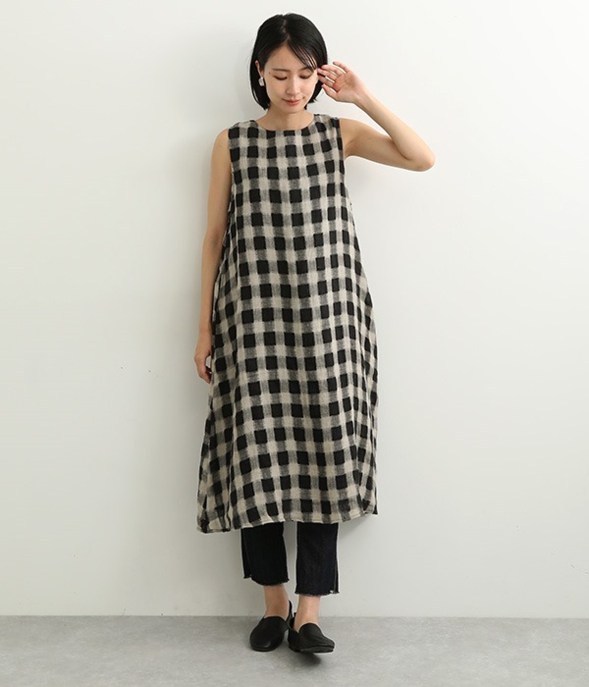 nest Robeリネンギンガムノースリーブドレス nest Robeリネンギンガムノースリーブドレス nest Robe